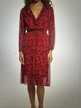 Tommy Hilfiger Red Floral Long-Sleeve Midi Dress